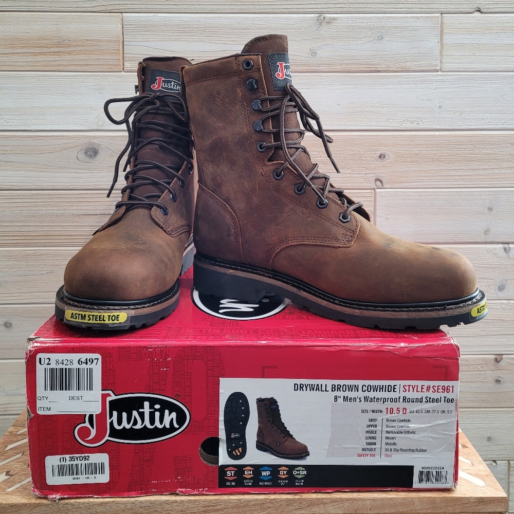 Justin Drywall Brown Cowhide 8" Waterproof Steel Toe Boots (Size 10.5)
